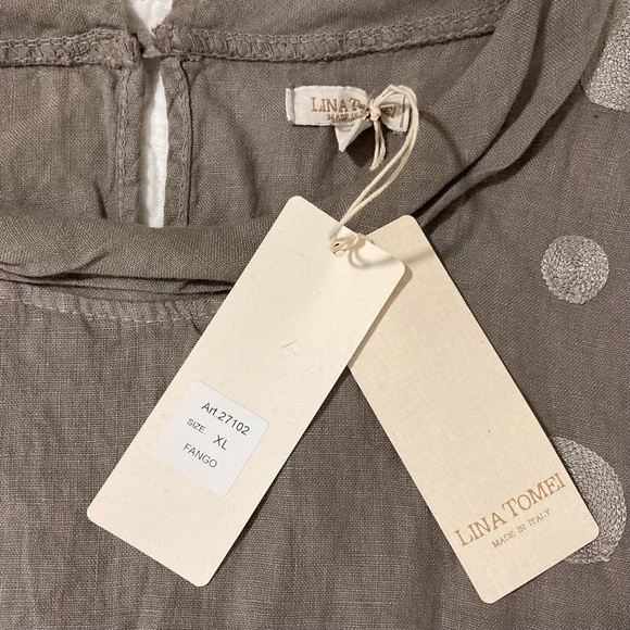 LINA TOMEI Italy 100% Italian Linen Sleeveless Embroidered Dress | Taupe | NWT - Picture 6 of 10